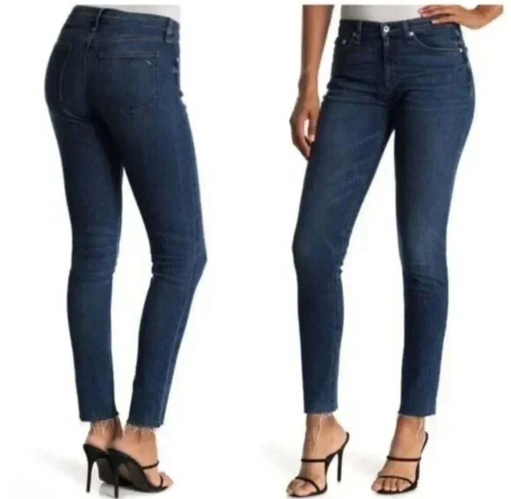 Rag & Bone Mid-Rise Skinny Ankle Jeans with Raw Hem in Dark Wash